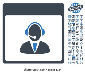 Reception Operator Calendar Page icon with bonus calendar and time management graphic icons. Vector illustration style is flat iconic symbols, smooth blue, white background.