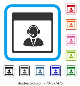 Reception Operator Calendar Page icon. Flat gray pictogram symbol in a light blue rounded rectangular frame. Black, gray, green, blue, red,