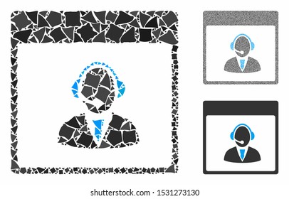 Reception operator calendar page mosaic of bumpy pieces in different sizes and shades, based on reception operator calendar page icon. Vector tuberous elements are combined into mosaic.