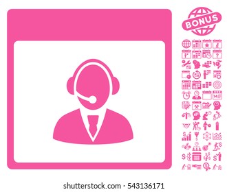 Reception Operator Calendar Page pictograph with bonus calendar and time management graphic icons. Vector illustration style is flat iconic symbols, pink, white background.