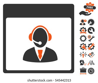 Reception Operator Calendar Page pictograph with bonus options graphic icons. Vector illustration style is flat iconic symbols, orange and gray, white background.