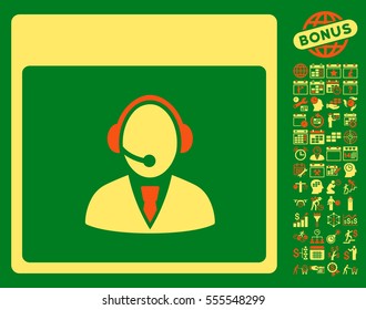 Reception Operator Calendar Page pictograph with bonus calendar and time management symbols. Vector illustration style is flat iconic symbols, orange and yellow, green background.