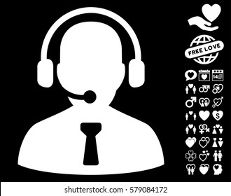 Reception Operator icon with bonus decoration images. Vector illustration style is flat iconic white symbols on black background.