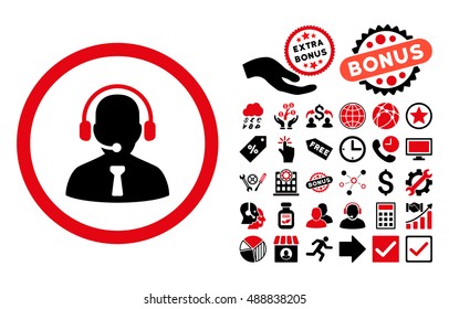 Reception Operator icon with bonus elements. Vector illustration style is flat iconic bicolor symbols, intensive red and black colors, white background.