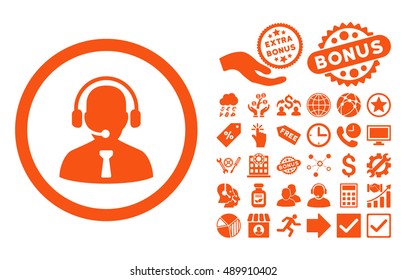 Reception Operator icon with bonus icon set. Vector illustration style is flat iconic symbols, orange color, white background.