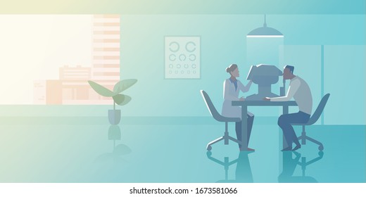 Reception at Ophthalmologist doctor's office Flat vector illustration. Doctor checks vision of Patient in Medical Clinic interior collection.