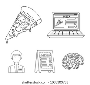 Reception of orders, a piece of pizza, a menu in the pizzeria, a courier for delivery. Pizza and pizzeria set collection icons in outline style vector symbol stock illustration web.