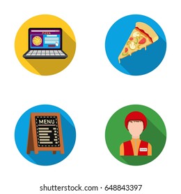 Reception of orders, a piece of pizza, a menu in the pizzeria, a courier for delivery. Pizza and pizzeria set collection icons in flat style vector symbol stock illustration web.