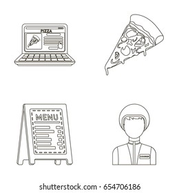 Reception of orders, a piece of pizza, a menu in the pizzeria, a courier for delivery. Pizza and pizzeria set collection icons in outline style vector symbol stock illustration web.
