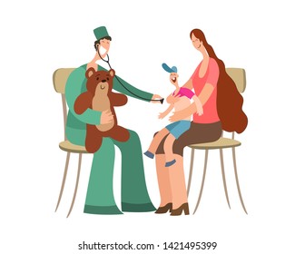At the reception at the pediatrician. Cheerful, doctor with a toy listens to breathing statoscope kid who sits in on her mother's lap. Vector 