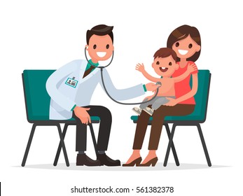 At the reception at the pediatrician. The doctor listens to breathing statoscope kid who sits in on her mother's lap. Vector illustration in a flat style