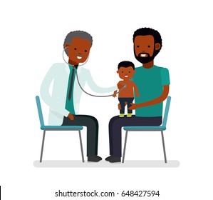 At the reception at the pediatrician. The doctor listens to breathing statoscope kid who stands on her father's knee. African Americans family. Vector illustration in a flat style