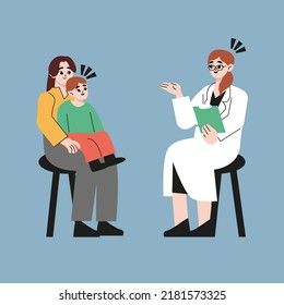 At the reception at the pediatrician. The doctor talking to woman and kid who sits in on her mother's lap. Flat drawn style vector design illustrations.