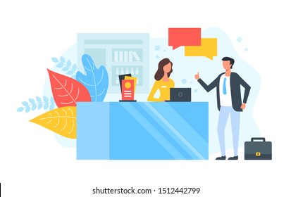 Reception. People talking in hotel lobby or at the information desk. customer service, receptionist, client assistance, help, check-in concepts. Modern flat design. Vector illustration