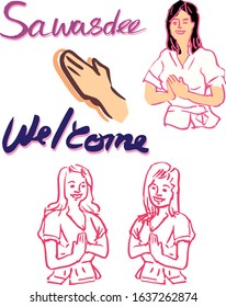 Reception or pr. girl give a warm well come of Thailand body language Sawasdee.