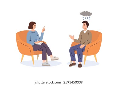 Reception at the psychologist. Conversation. A man with depression came to the psychologist for consultation. Flat vector illustration