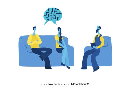 Reception at the psychologist, family therapy.Family couple sitting on the couch talking to female psychologist. Visit to psychiatrist and depression treatment. Mental health professional.vector.