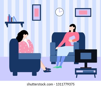 Reception at the psychologist. Psychotherapy. Woman psychologist with with patient. Society psychiatry concept vector illustration.