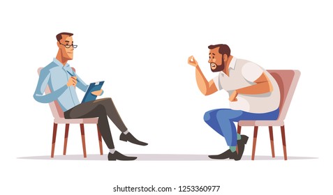 Reception of psychotherapist. Businessman and psychologist. Man is sitting on couch and talking to the psychologist while doctor is making notes. Vector illustration.