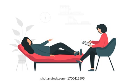 At the reception of a psychotherapist. A woman is lying on a couch in a psychologist's office.