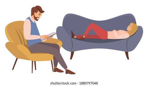 At The Reception Of A Psychotherapist. A Woman Is Lying On A Couch In A Psychologist's Office Male Psychiatrist Sits Opposite And Takes Notes, Helps To Solve Personal Problems And Overcome Fears