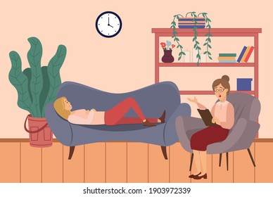 At The Reception Of A Psychotherapist. A Woman Is Lying On A Couch In A Psychologist's Office Female Psychiatrist Sits Opposite And Takes Notes, Helps To Solve Personal Problems And Overcome Fears