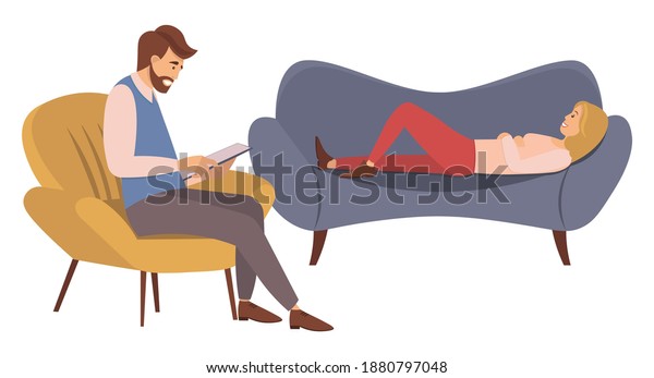 At the reception of a psychotherapist. A woman is\
lying on a couch in a psychologist\'s office male psychiatrist sits\
opposite and takes notes, helps to solve personal problems and\
overcome fears