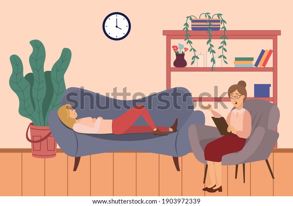 At the reception of a psychotherapist. A woman is\
lying on a couch in a psychologist\'s office female psychiatrist\
sits opposite and takes notes, helps to solve personal problems and\
overcome fears