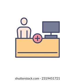 Reception related vector line icon. Person, table, computer, medical cross. Isolated on white background. Vector illustration. Editable stroke