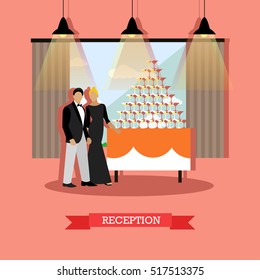 Reception in restaurant concept vector illustration in flat style. Restaurant interior and visitors man and woman near table with drink