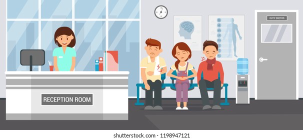 Reception Room at Clinic. Patients in Doctors waiting Room in Hospital, office Interior Clinic. Consultation and Medical Diagnosis for Sick. Medicine Concept. Vector Flat Illustration.
