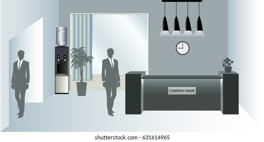 Reception room with reception desk. Office with workplace or business, flowers and reception desk. Man outline. Water Cooler. Vector illustration in flat style.