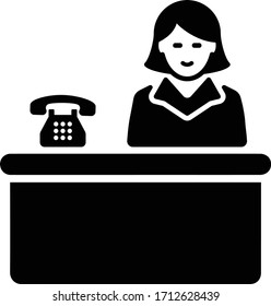Reception service black icon, receptionist, desk, lobby, office