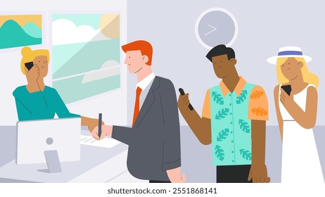 Reception service. The receptionist and customer are in the hotel lobby hall, and people are traveling. Business office flat vector concept