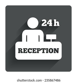 Reception sign icon. 24 hours Hotel registration table with administrator symbol. Gray flat square button with shadow. Modern UI website navigation. Vector