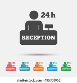 Reception sign icon. 24 hours Hotel registration table with administrator symbol. Graphic element on white background. Colour clean flat reception icons. Vector