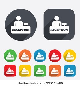 Reception sign icon. Hotel registration table with administrator symbol. Circles and rounded squares 12 buttons. Vector