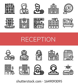 reception simple icons set. Contains such icons as Hotel, Receptionist, Football player, Counter, Support services, American football player, can be used for web, mobile and logo