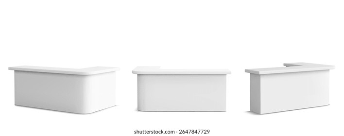 Reception tables set - white modern desk counters for office, hotel lobby or store. Curved rectangle shapes with smooth edges, blank surface countertop and front side. 3d mockup from various angles.