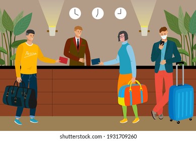 Reception. Three tourists with luggage stand in line at the hotel check-in counter and hand the porter their passports. The interior is decorated in beige tones. Flat vector illustration. 