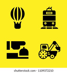 reception, tram, loader and hot air balloon vector icon set. Sample icons set for web and graphic design