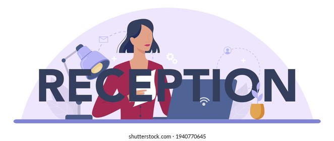 Reception typographic header. Secretary answering calls and assisting