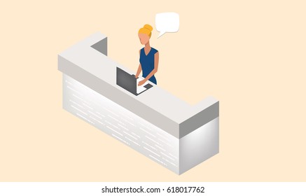Reception vector service hotel desk business. Modern reception in flat style. Isometric Vector illustration
