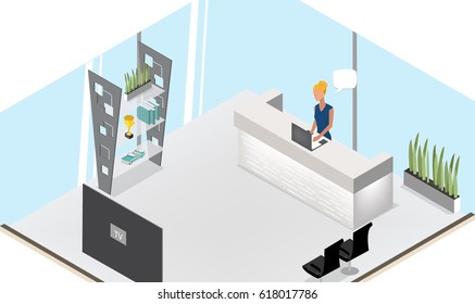Reception vector service hotel desk business. Modern reception in flat style. Isometric Vector illustration
