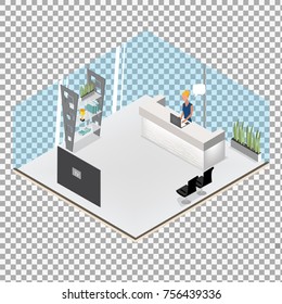 Reception vector service hotel desk business on transparent background. Modern reception in flat style. Isometric Vector illustration