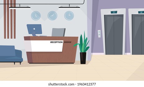 Reception waiting hall interior, banner in flat cartoon design. Lobby in modern office or hotel, reception desk with computer, sofa, elevator doors and decor. Vector illustration of web background