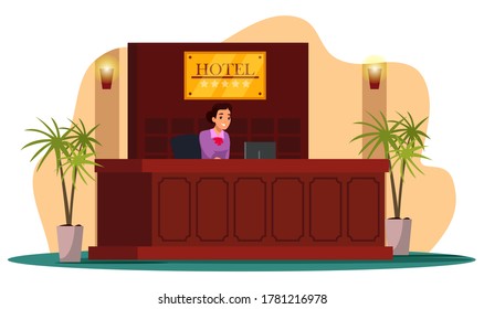 Reception woman administrator showing hospitality. Professional five star hotel staff service. Lobby interior design