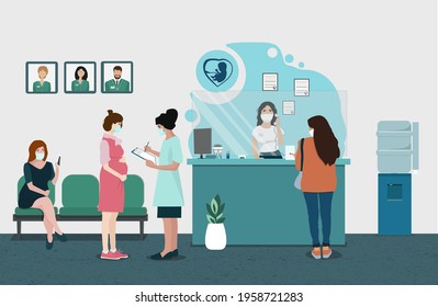 Reception in the women's clinic, department of gynecology, pregnant girls in medical masks.  Vector illustration. Female patients visit the clinic for medical advice.