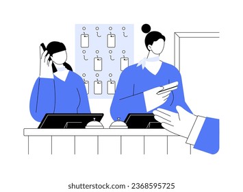 Receptionist abstract concept vector illustration. Smiling hotel receptionists give a key and provide info to clients, hospitality business, professional people, travel service abstract metaphor.