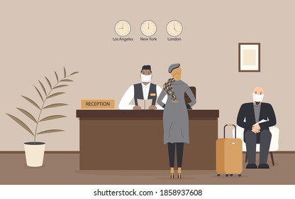 Receptionist afro male in protective medical mask behind workplace serve lady in hotel or bank. Interior of modern reception desk in waiting room or hall in business office.eps10 flat illustration